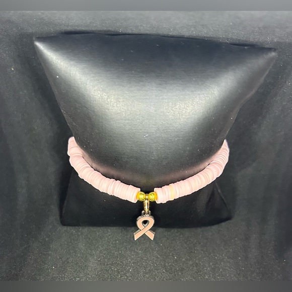 Light Pink Ribbon (Awareness) Heishi Charm Bracelet - Picture 2 of 7